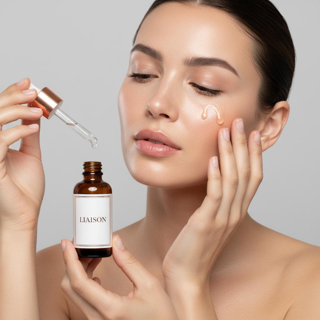 Female model applying Liaison Ultimate Illuminating Face Serum