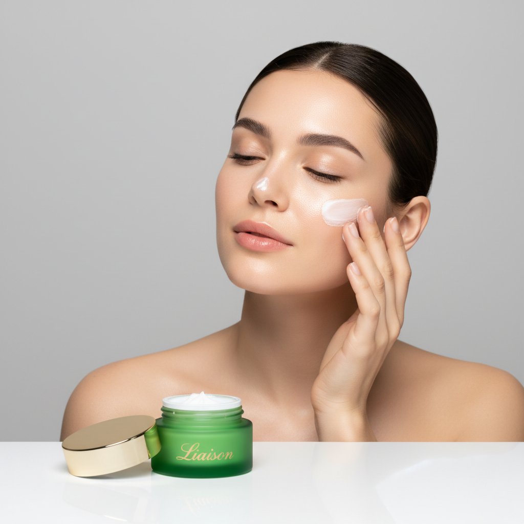 Female model massaging Liaison Daily Moisturizing Face Cream into skin