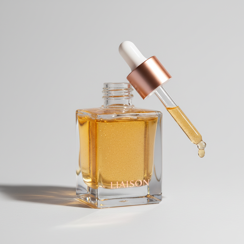 Liaison Glow Body Oil – Close-up of Bottle and Oil Texture