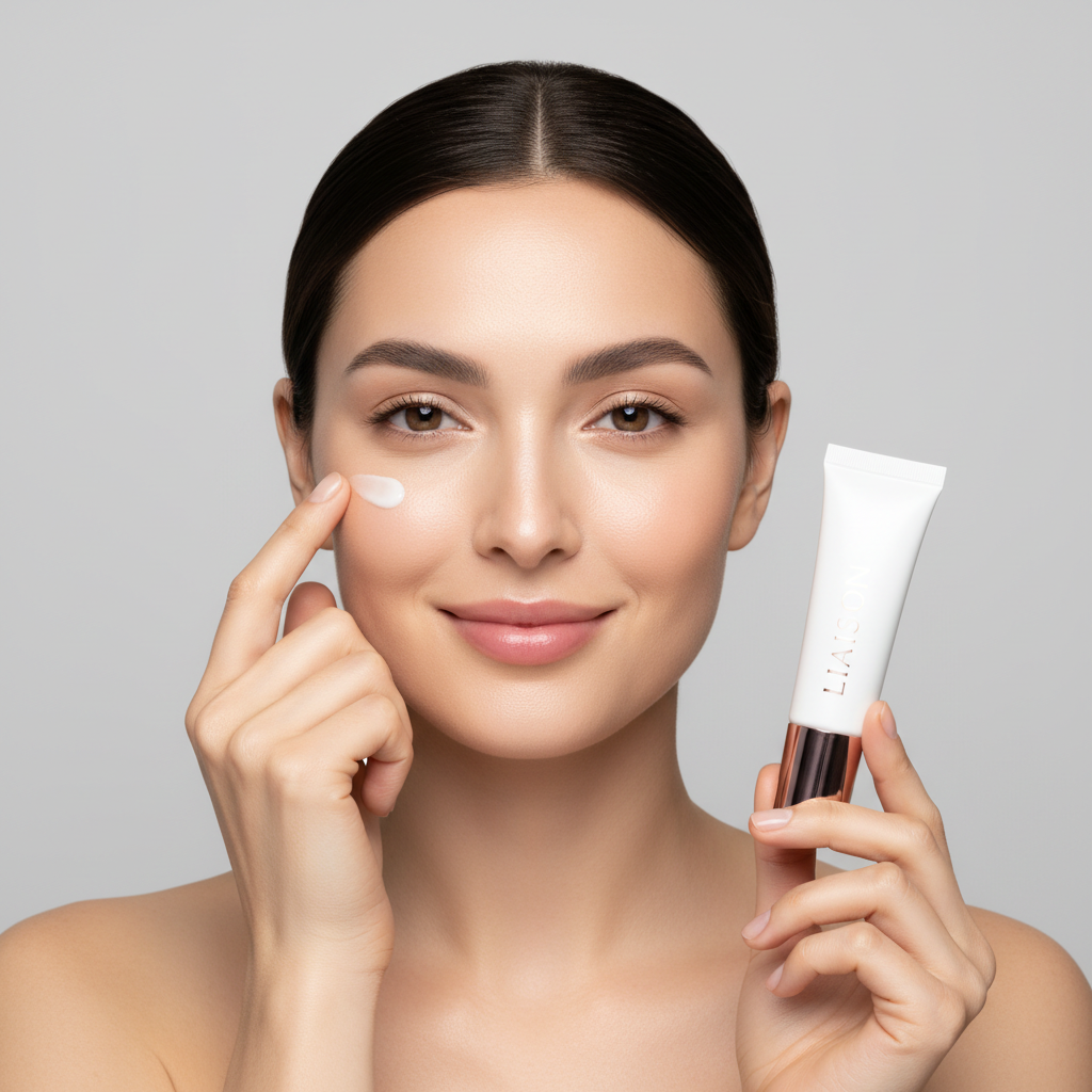 Female model tapping Liaison Brightening Eye Cream under eyes