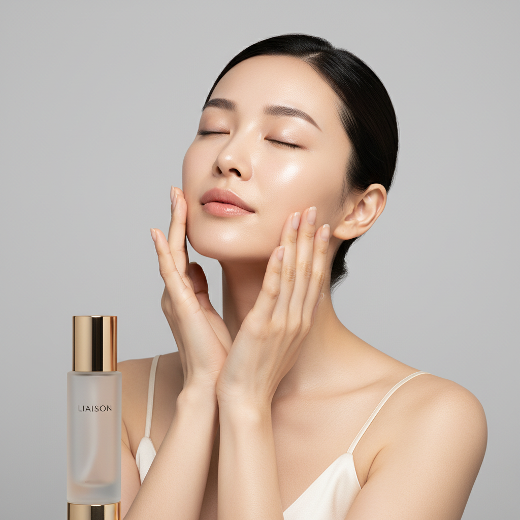 Female model pressing Liaison Glow Face Essence into glowing skin