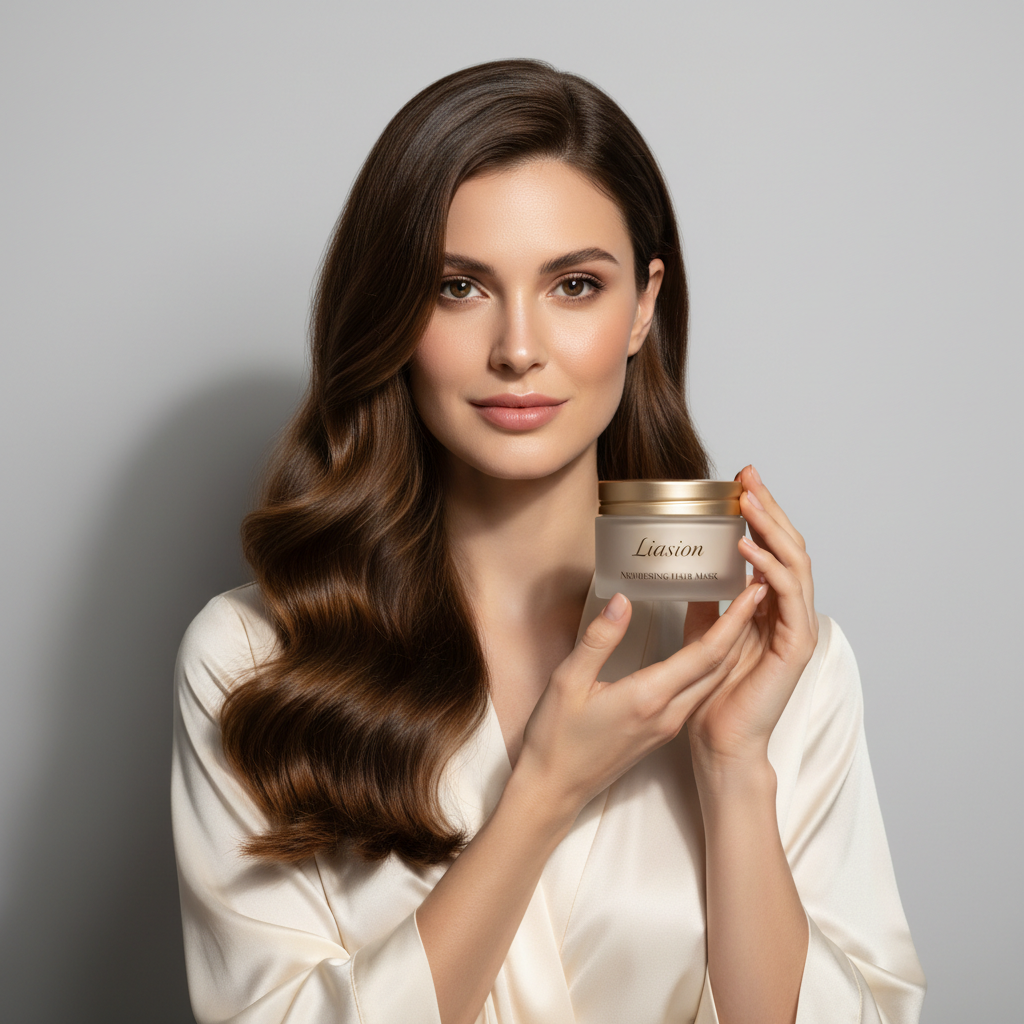 Liaison Nourishing Hair Mask – Model Holding Jar