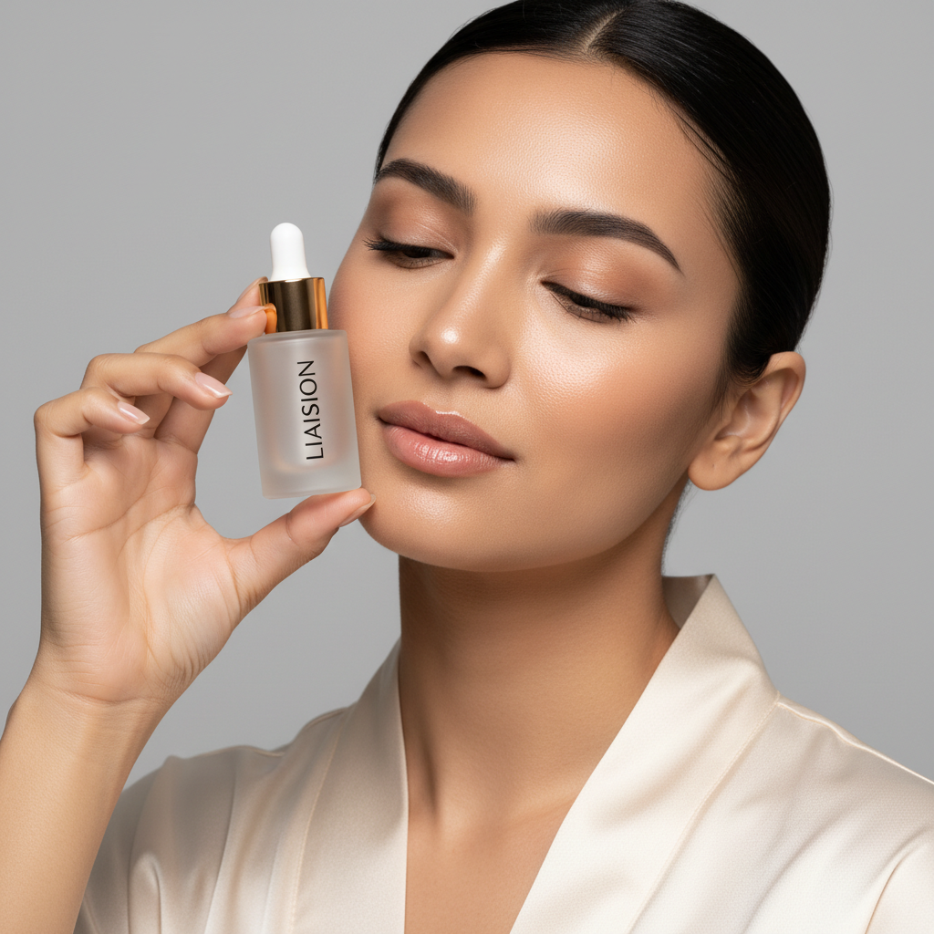 Female model holding Liaison Repair Eye Serum near face