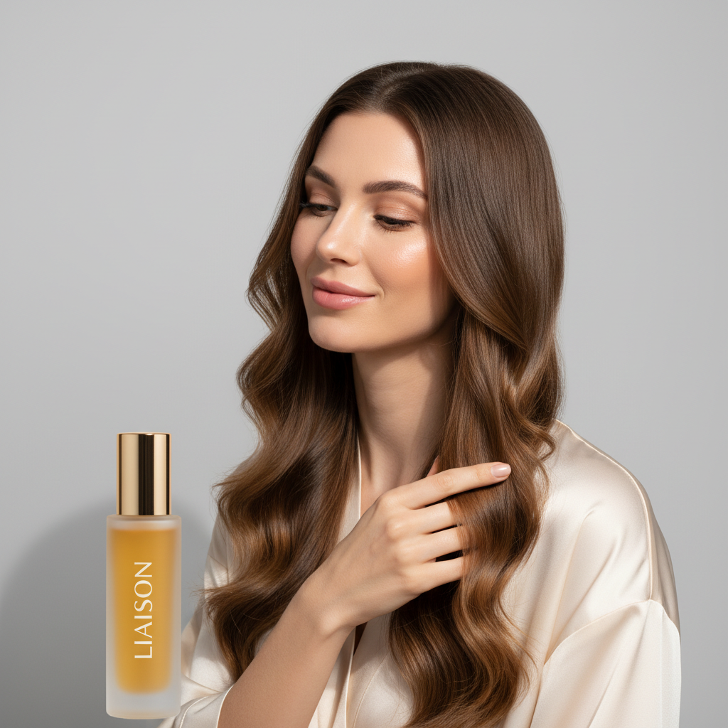 Liaison Premium Hair Elixir – Model Applying to Hair Ends